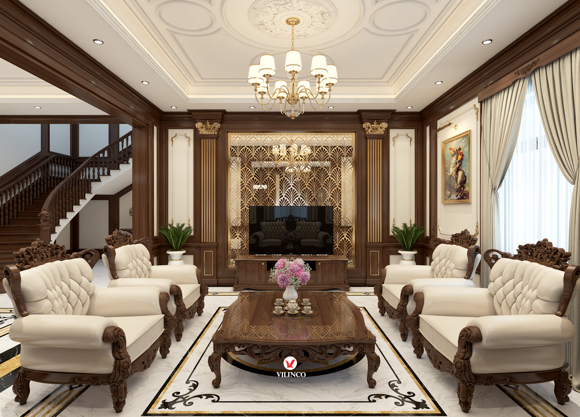 Thiết kế nội thất phòng khách biệt thự phong cách tân cổ điển 3 tầng